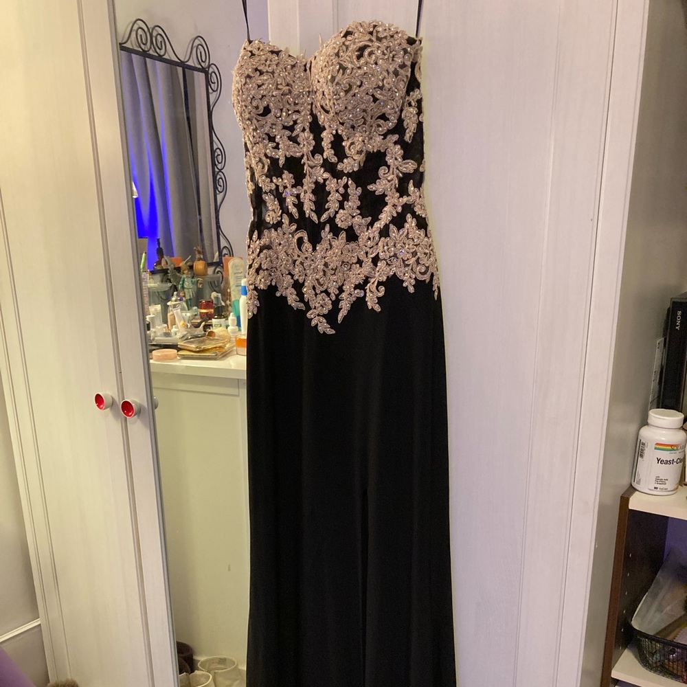 Black and gold corset prom dress